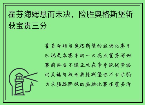霍芬海姆悬而未决，险胜奥格斯堡斩获宝贵三分
