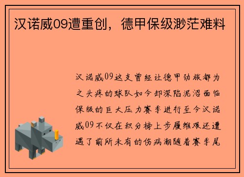 汉诺威09遭重创，德甲保级渺茫难料